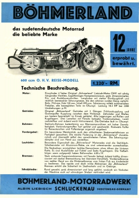 Böhmerland 600 ccm OHV Prospekt 1937