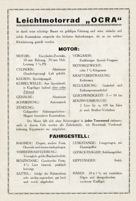 Ocra Motorfahrrad Prospekt ca. 1924