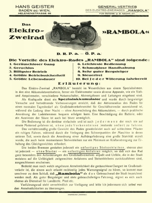 Rambola Electrical motorcycle brochure 1920s