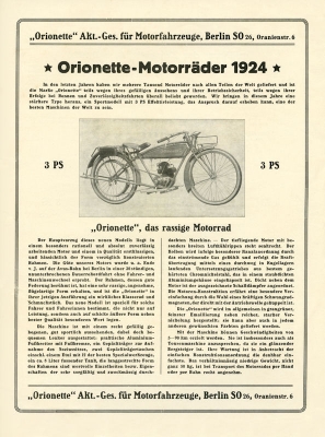 Orionette motorcycle 3 HP brochure 1924