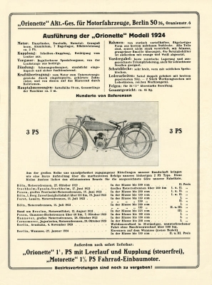 Orionette Motorrad 3 PS Prospekt 1924