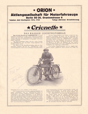 Orionette motorcycle 1,75 HP brochure 1923