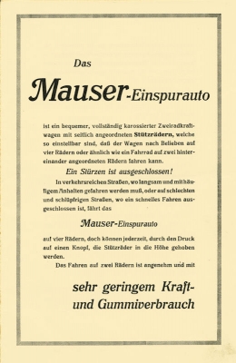 Mauser Einspurauto Prospekt ca. 1925