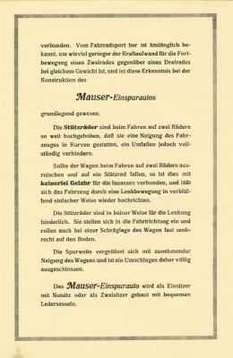 Mauser Einspurauto brochure ca. 1925