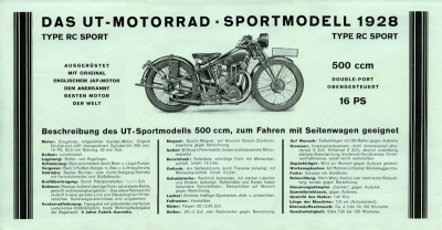 UT RC Sport 500 ccm OHV Prospekt 1928