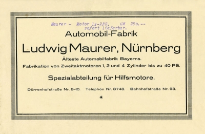 Maurer Fahrradmotor 1 PS Prospekt 1920er Jahre