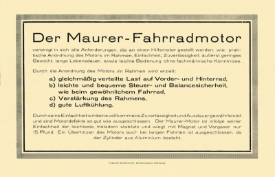 Maurer bicyclemotor 1 HP brochure 1920s