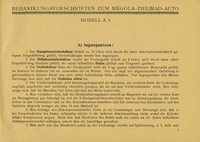 Megola Zweirad-Auto Bedienungsanleitung 1923