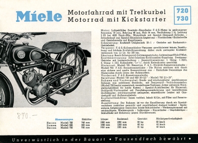 Miele Motorrad mit Kickstarter Prospekt 1952