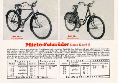 Miele Fahrrad Prospekt 1938