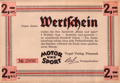 Ansichtskarte Motor & Sport Wertschein 1930er Jahre