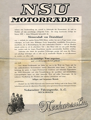 NSU motorcycle program 1921