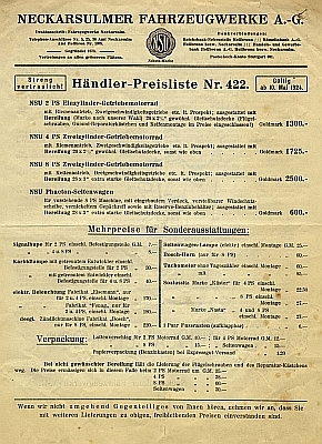 NSU Preisliste 1924 Nr. 422