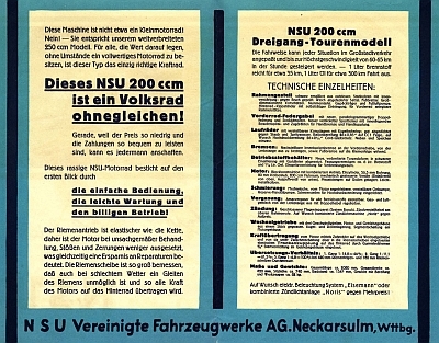 NSU 200 ccm Einzylinder Prospekt 1928