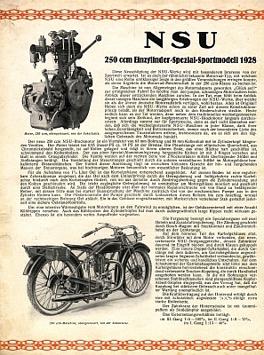 NSU 250 ccm Einzylinder Spezial Sportmodell Prospekt 1928