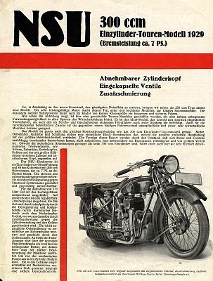 NSU 300 ccm Einzylinder Touren Modell Prospekt 1929