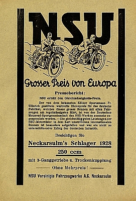 NSU Kleinplakat Großer Preis von Europa 1928