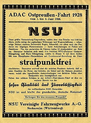 NSU Kleinplakat ADAC-Ostpreußen-Fahrt 1928