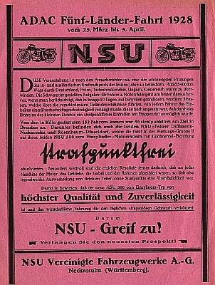 NSU Kleinplakat ADAC 5 Länder-Fahrt 25.3-3.4.28