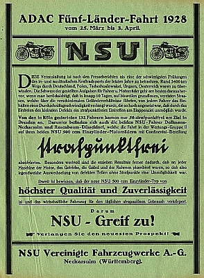 NSU Kleinplakat ADAC 5 Länder-Fahrt 25.3-3.4.28