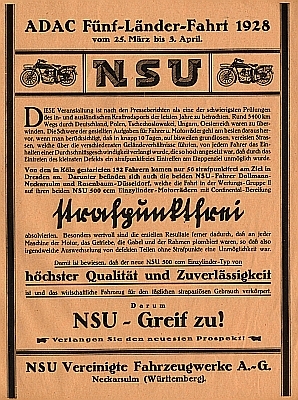 NSU Kleinplakat ADAC 5 Länder-Fahrt 25.3-3.4.28
