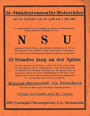 NSU Kleinplakat 24 Stundenrennen für M. auf der Opelbahn 30.4.-1-5-27