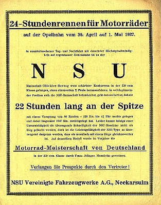NSU Kleinplakat 24 Stundenrennen für M. auf der Opelbahn 30.4.-1-5-27