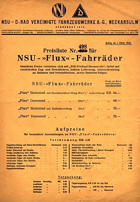 NSU Flux Fahrrad Preisliste 10.1932