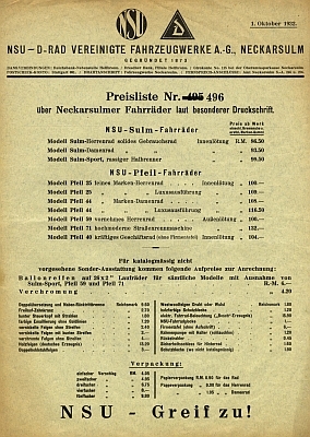 NSU Sulm / Pfeil Fahrrad Preisliste 10.1932