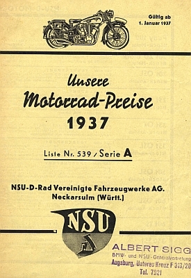 Unsere Preise NSU Serie A 1.1.1937