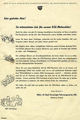 NSU Brief 1930er Jahre