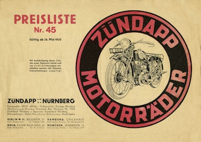 Zündapp Preisliste Nr.45 5.1930