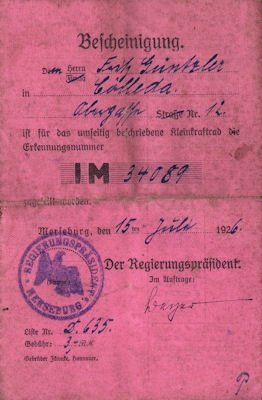 Be-Be Fahrzeugschein 1926