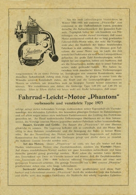 Phantom Fourstroke bicycle motor brochure 1923