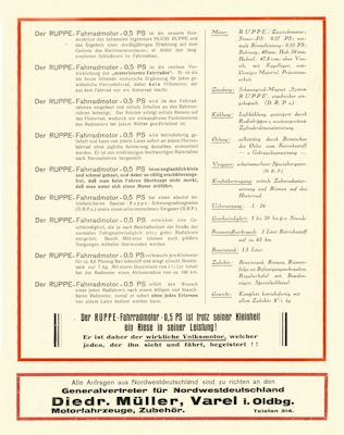 Ruppe Fahrrad-Motor Prospekt ca. 1926