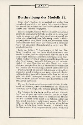 Sar Modell A 27 und B 27 Prospekt 1927