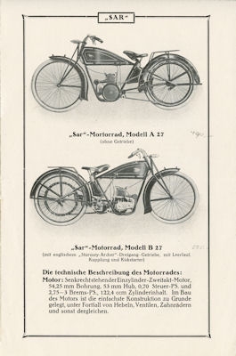 Sar Modell A 27 und B 27 Prospekt 1927