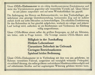 ODA bicycle motor brochure ca. 1922