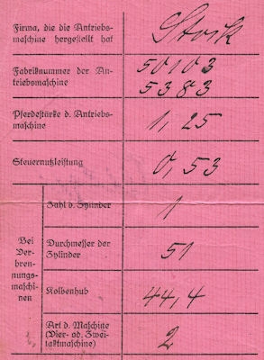 Stock Leichtmotorrad Fahrzeugschein 1926