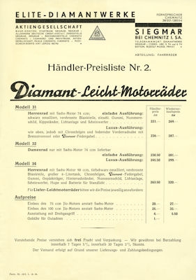 Diamant motorcycle seller pricelist 10.1934
