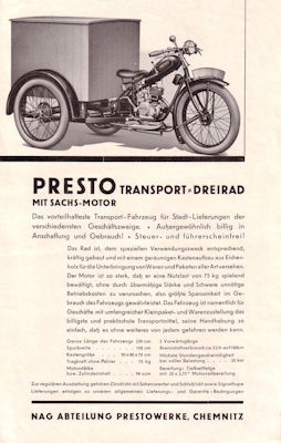 Presto Transport-Dreirad Prospekt 1930er Jahre