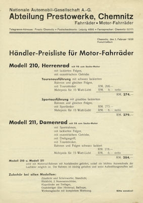 Presto Preisliste Motorfahrrad 1.2.1938