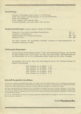 Presto Preisliste Motorfahrrad 1.2.1938