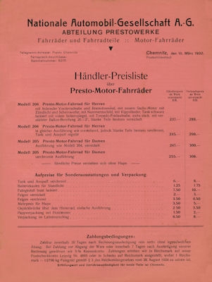 Presto Preisliste 15.3.1932