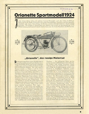 Orionette Sportmodell 3,5 PS Prospekt 1924