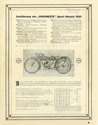 Orionette Sportmodel 3,5 HP brochure 1924