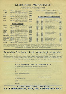 Puch Preisliste ca. 1937