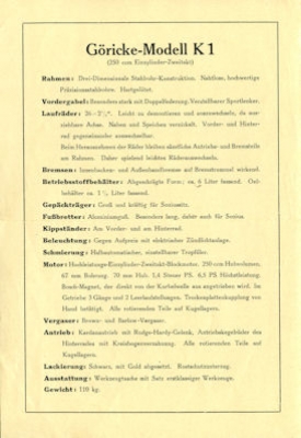 Göricke K 1 Motorrad Prospekt ca. 1924