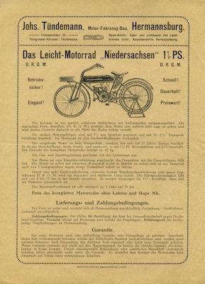 Niedersachsen Leichtmotorrad Prospekt 1920er Jahre