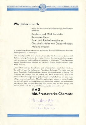 Presto Fahrrad Programm ca. 1930